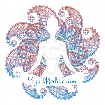 Yoga meditation poster with colorful ornamental mandala and woman silhouette. Vector illustration