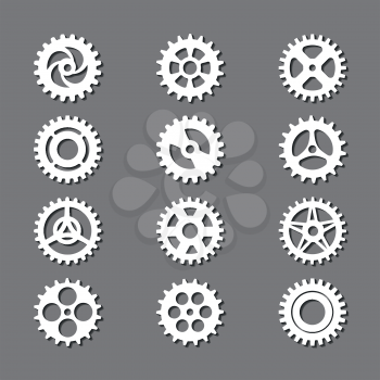 White gears icon set with shadows on grey backdrop. Vector illustration