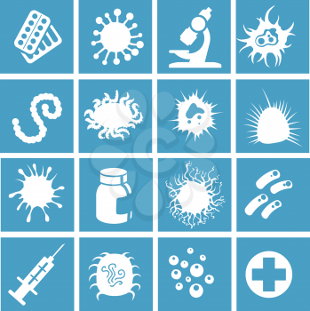 Bacteria, virus and micro organisms scientific medical icons in blue and white colors. Vector illustration