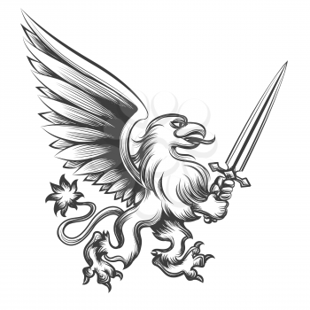 Engraving griffin with sword vector illustration. Hand drawn heraldry gryphon mythology beast for logo