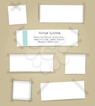 Vector paper sheets with scotch tape pieces. Papers notes with adhesive tape set isolated on white background