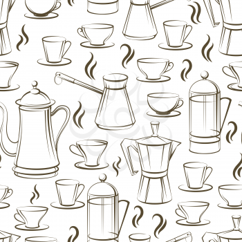 Coffee seamless pattern design. Vector texture with coffee pot cups and smoke