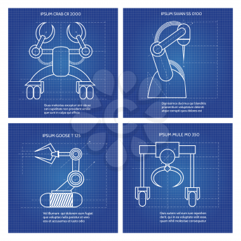 Robot arms line art design. Vector blue robotic armed machines cards