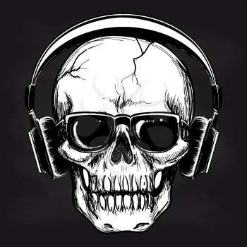 Black and white sketch of skull and headphones. Vector human skull music lover on blackboard
