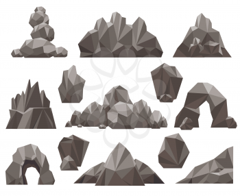 Cartoon 3d rock and stone set vector illustration. Mountain rocks and pile of stones isolated on white background