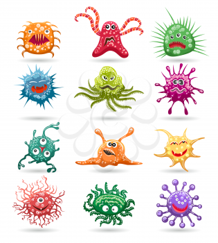 Germs cartoon characters isolated on white background. Funny bacteria and virus colored set vector illustration