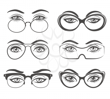 Woman eyes with glasses hand drawn vector illustration. Nerd model eyeglasses sketch