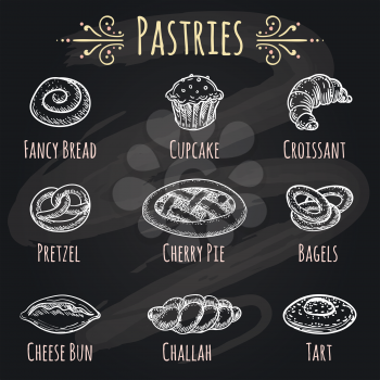 Vintage bakery and baked food chalk sketch poster. Vector hand drawn pastries meal and pastry desserts on chalkboard