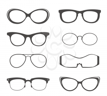 Glasses vector black silhouette set. Hipster and medicine eyeglasses, round frame sunglasses isolated on white background