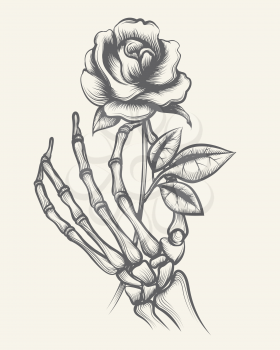 Handdrawn skeleton bones hand with rose flower engraved vector illustration