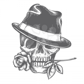 Skull in hat with rose flower in the mouth vector illustration. Vector hand drawn human skulls tatoo isolated on white background