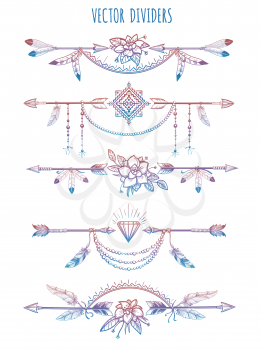 Hand drawn bohemian style dividers with arrows flowers and feathers. Vector illustration