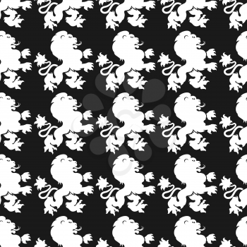 Heraldic seamless pattern with white lion silhouette on black backdrop, vector illustration