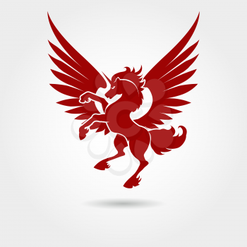 Red unicorn silhouette on white background Vector heraldic logo unicorn