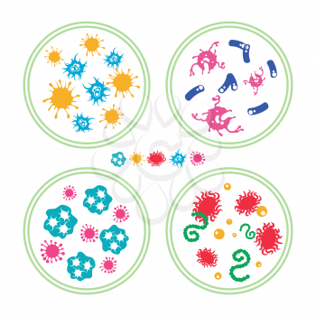 Colorful phatogen virus and immune bacteries in Petri dish, vector illustration