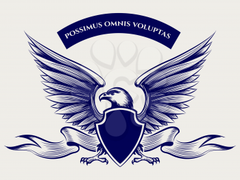 Hand drawn american bald eagle mascot with wings shield and ribbon. Vector illustration