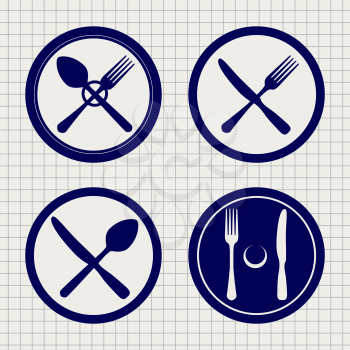 Cutlery icons on notebook page. Plate, fork, knife and spoon vector illustration
