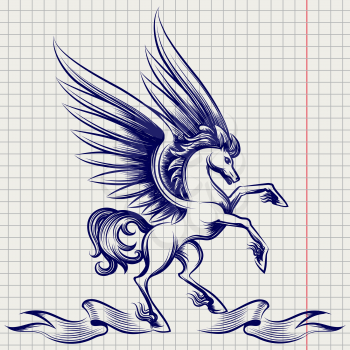 Ballpoint pen sketch of Pegasus with wings and ribbon on notebook page. Vector illustration