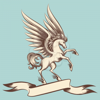 Hand drawn vintage Pegasus with wings and ribbon banner. Vector illustration