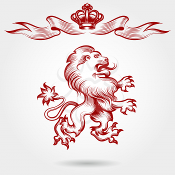 Hand drawn royal lion sketch. Vector red engraving lion and crown ribbons