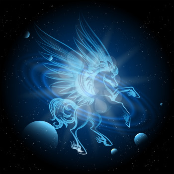 Luminous Pegasus in Space vector illustration. Pegasus on space background wth planets and stars