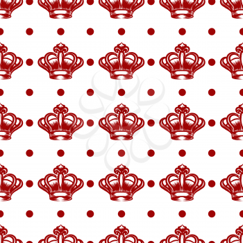 Royal seamless pattern design. Vector hand drawn red crowns and dots seamless texture