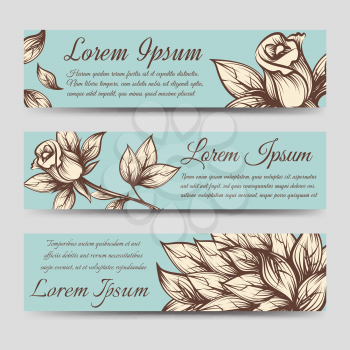 Floral banners template. Vector vintage horizontal banners with hand drawn roses and leaves