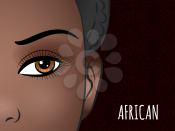 Poster design with woman of African type on decorative background. Vector illustration