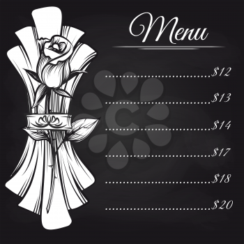 Chalkboard menu design with hand drawn napkin and rose. Vector illustration