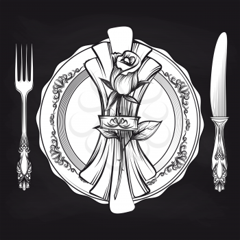 Elegance romantic table setting with plate, fork, knife, napkin, rose on blackboard. Vector illustration