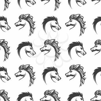 Animalistic seamless pattern with engrawing horses heads on white background