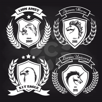 White medieval coat of arms collection with lion, eagle, horse and unicorn on blackboard background. Vector illustration