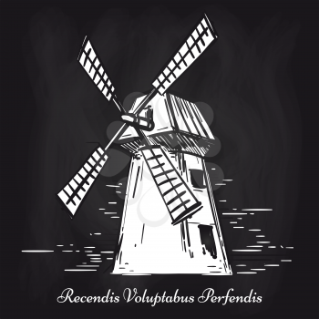 Hand sketched mill on chalkboard background. Vector blackboard mill poster