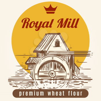 Royal mill banner design. Vector hand drawn agrocultural or harvest background