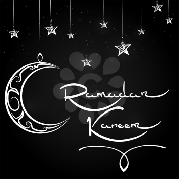 Arabic background with ornate moon and stars and lettering sign Ramadan Kareem on chalkboard. Vector illustration