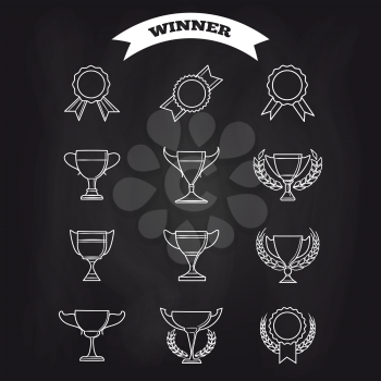 Prizes and trophy signs. Vector awards icons on blackboard