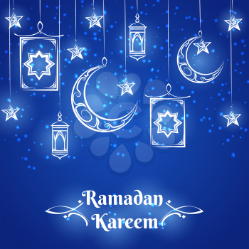 Ramadan Kareem background design with lamps, moon and stars on blue. Vector illustration