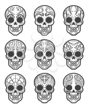 Calavera or sugar skull tattoo set for mexican day of the dead vector art isolated on white background