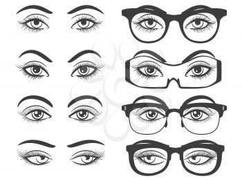 Female eyes and eyes with glasses isolated on white background. Vector illustration