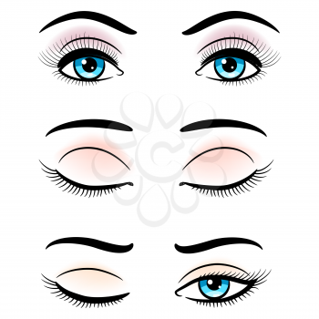 Open and closed blue female eyes isolated on white background. Vector illustration