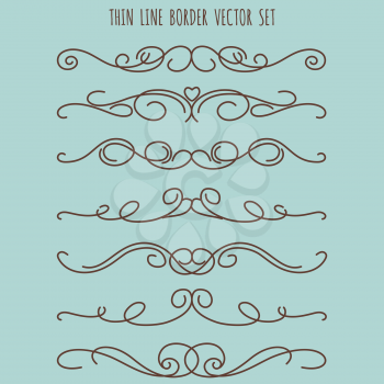 Hand drawn vintage thin line border set, vector illustration on blue background