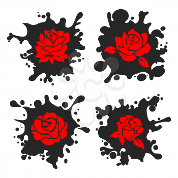 Ink stains and sprays silhouettes with red roses. Vector illustration