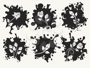 Vector splashes shape silhouettes with desorative roses. Beautiful fashion spot labels
