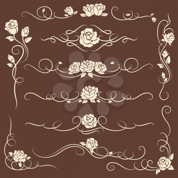 Vintage decorative flourish ornaments with roses on dark background. Vector illustration