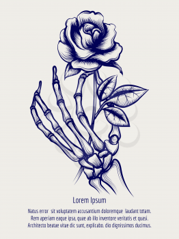 Hand drawn sketch of skeleton hand with rose flower. Vector illustration