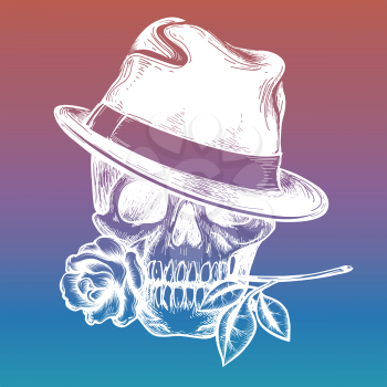 Elegant fashion human skull with rose on colorful backdrop. Vector illustration