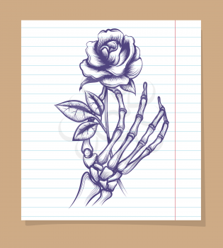Skeleton arm sketch with rose on line page. Vector illustration