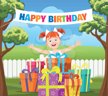 Backyard birthday party scene. Cartoon vector illustration with with happy girl, stack of gifts and ribbon banner happy birthday in garden