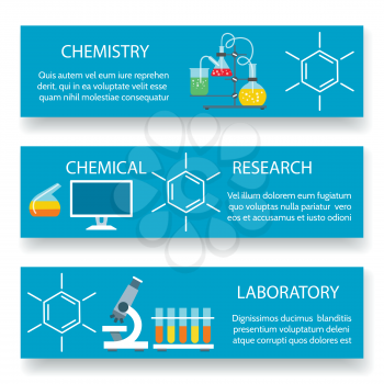 Chemistry lab banners. Vector science experiment backgrounds with scientific laboratory equipment