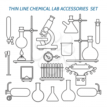 Thin line chemical lab equipment and accessories set. Biology science and medical engineering linear vector icons
